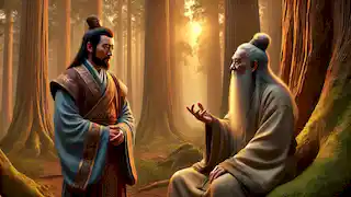 Emperor Zhao consults with an elderly hermit in a quiet forest clearing at dusk.