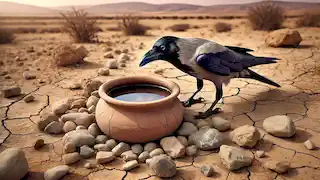 The crow looks into the clay pot, surrounded by scattered pebbles in the dry, cracked ground under a hot sun.