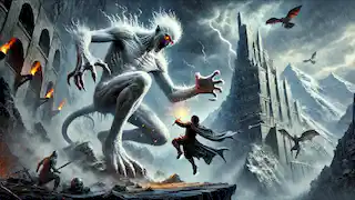 Esfandiyar battles the towering White Demon in a mountain fortress as storm clouds gather above.