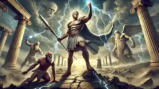 Zeus holds his thunderbolt high after defeating the Titans, with stormy skies and the Titans cast into Tartarus.