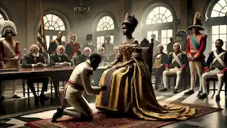 Queen Nzinga seated on her servant during diplomatic negotiations with surprised Portuguese officials.