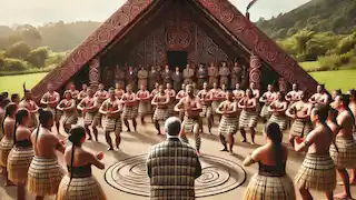 A Māori tribe performing a ceremonial haka at a marae, with wooden carvings and traditional clothing.