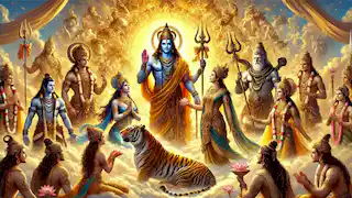 Vishnu blessing Shiva and Parvati's union, with celestial beings witnessing and flowers raining from the heavens.