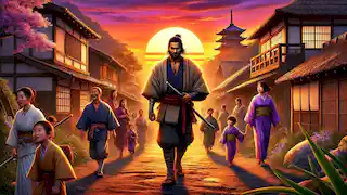 Kenta walks through his peaceful village at sunset, surrounded by smiling villagers, as peace is restored.