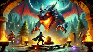 A young wizard faces a massive dragon in a magical arena, preparing to retrieve a golden egg from the dragon’s nest.