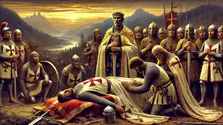 Charlemagne mourning Roland and his knights, ordering their honorable return.