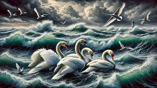 Four swans battle harsh waves in the Straits of Moyle under a stormy sky, symbolizing resilience and survival.