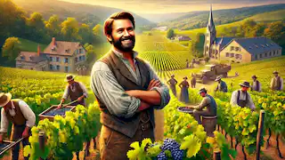 Wilhelm stands proudly in his flourishing vineyard, where German and French elements blend in golden sunlight.