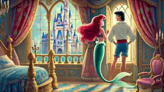 Ariel with legs, wearing fine clothes, standing in Prince Eric's castle, looking out of a window longingly.