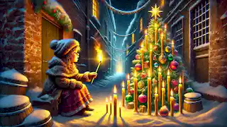 The Little Match Girl lights a match, revealing a vision of a beautiful Christmas tree with candles and ornaments.