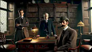 A dimly lit study with a stern-looking man behind a desk, facing Sherlock Holmes and Dr. Watson.