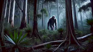 The Yowie walks silently through the dense Australian forest at dusk, its glowing eyes blending with the shadows of the trees.