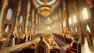 Prester John's grand hall with golden light, towering columns, and a regal feast with travelers seated in awe.