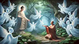 Mulian kneels before Buddha surrounded by glowing spirits in a lush, ethereal garden during the Hungry Ghost Festival story.