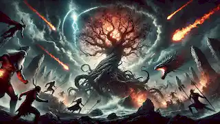 Yggdrasil trembling during Ragnarok, with flames and chaos surrounding the World Tree as the final battle rages.