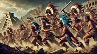 Mexica warriors in battle, clad in traditional armor, with a rugged landscape in the background.