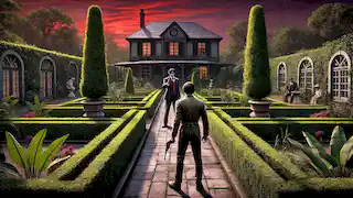 Yu Tsun shoots Dr. Albert in a European-style garden, with the sunset creating a tense atmosphere.