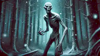 The emaciated Wendigo stands in a dark, snowy forest, its hollow eyes and skeletal appearance exuding despair.