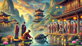 Villagers honoring the Black Tortoise with offerings by a riverside.