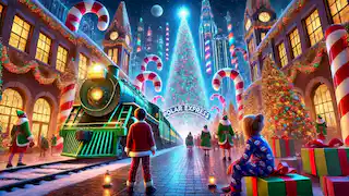 The Polar Express arrives at the North Pole, revealing a glowing station filled with elves, candy canes, and a Christmas tree.