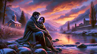  Pilar and her companion sit by the river Piedra at sunset, lost in thought, with the sky reflecting in the water.