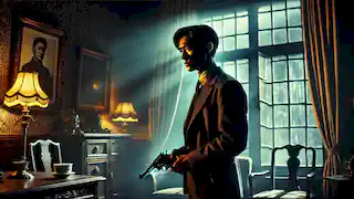 Yu Tsun holds a revolver in a dimly lit room, staring out the window as he contemplates a difficult decision.