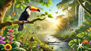 Tico the toucan perched in a lush, rejuvenating Amazon rainforest with vibrant flowers and a flowing river