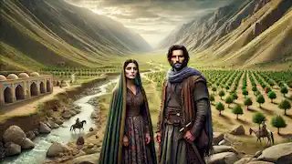 Shirin and Arash in a drying valley with barren orchards, preparing to confront the curse threatening their homeland.