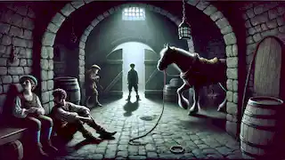 Boots, bound in ropes, sits in a dimly lit cellar, with his magical horse ready to break down the door