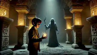 A young boy stands with a glowing stone, confronting a teacher with a dark figure looming behind him in a stone chamber.