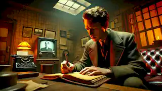 Winston Smith writing in an old, leather-bound diary in his small, dimly lit apartment with a telescreen broadcasting Party propaganda.