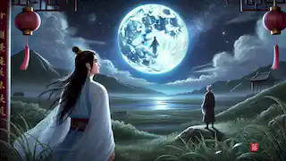 Hou Yi gazes at the full moon in the night sky, where he sees a faint image of Chang'e on the moon's surface.