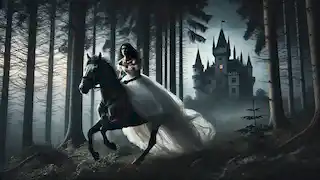 The young bride gallops on horseback through a dark forest at dawn, her white gown flowing behind her as she escapes