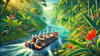 A scientific expedition navigating through the Amazon River.