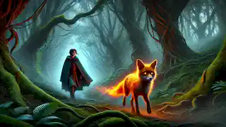 Niamh crosses a shadowy forest guided by a mystical fox with fiery eyes under an eerie, magical atmosphere.