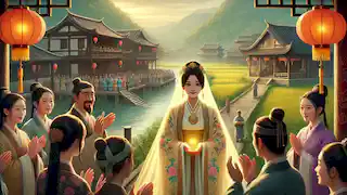 Mei-Ling returns to her village, glowing subtly, greeted warmly by villagers in a serene and festive setting.