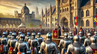 Knights assembling in the grand courtyard of Charlemagne's palace at dawn.