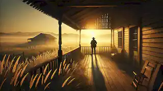 Juan Dahlmann stands on a ranch porch at sunrise, overlooking vast fields of tall grass and distant mountains.