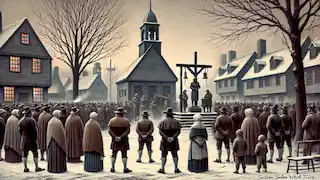 Villagers reflect in the town square near a memorial after the Salem Witch Trials, a somber winter scene.