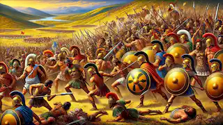 The Battle of Marathon, Greek hoplites clashing with Persian soldiers in a chaotic scene.