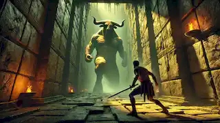  Theseus faces the charging Minotaur deep inside the dark, moss-covered labyrinth, sword in hand.