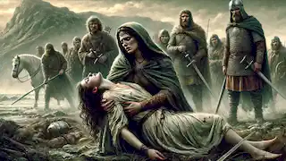 Gráinne holding the dying Diarmuid as Fionn and his men arrive.