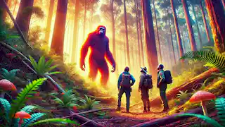 Mark and his team encountering the Yowie up close in a forest clearing during the day, maintaining a respectful distance.