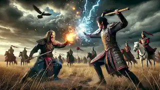 King Gesar clashes with his uncle Senglon in a fierce battle on the Mongolian steppes under a stormy sky.