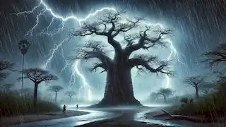 A fierce storm strikes the Baobab tree, with lightning and heavy rain, while people take shelter nearby.