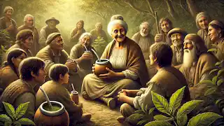 Elderly Yara shares wisdom about yerba mate with villagers in a serene forest clearing.