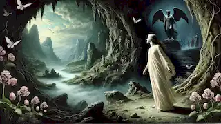 Persephone descends into the shadowy Underworld, standing beside Hades, observing her dark new surroundings.