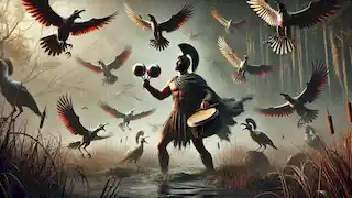 Heracles clashes bronze castanets, scaring the Stymphalian Birds away in a misty swamp.