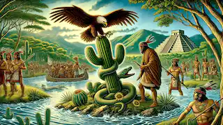 Mexica people witness the prophesied eagle devouring a serpent on a cactus, symbolizing the founding of Tenochtitlan.