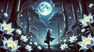 Soraya searches for glowing moonflowers under the full moon in a mystical forest with towering trees and a serene ambiance.